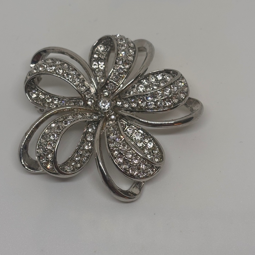 Vintage Monet Brooch Silver Tone Rhinestone Flower Pin Designer Signed